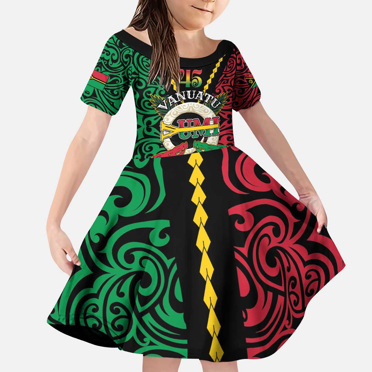 Vanuatu 45th Independence Day Kid Short Sleeve Dress Long God Yumi Stanap Wild Boar LT05