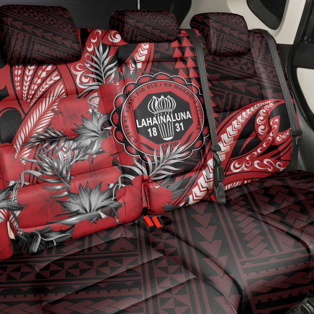 Hawaii Lahainaluna High School Back Car Seat Cover Tribal Tattoo With Hibiscus Flowers