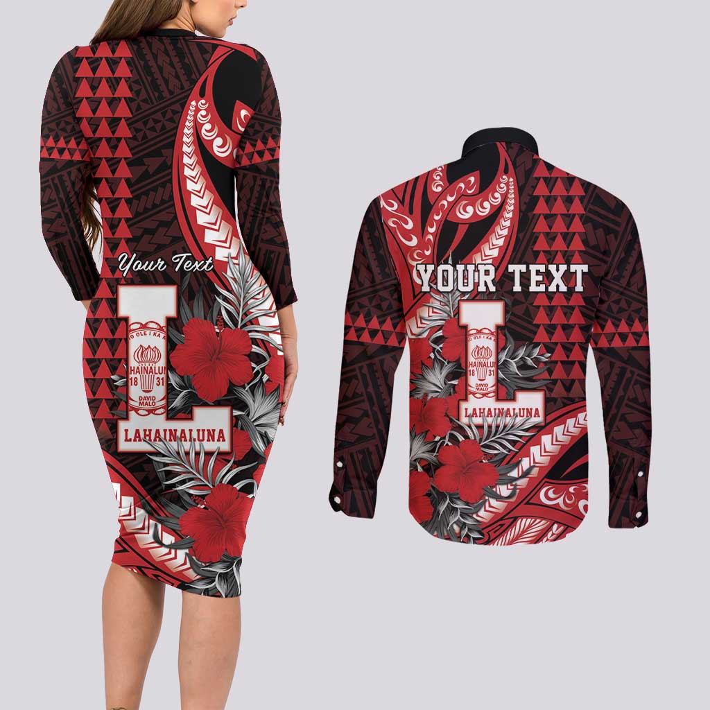 Personalized Hawaii Lahainaluna High School Couples Matching Long Sleeve Bodycon Dress and Long Sleeve Button Shirt Tribal Tattoo With Hibiscus Flowers