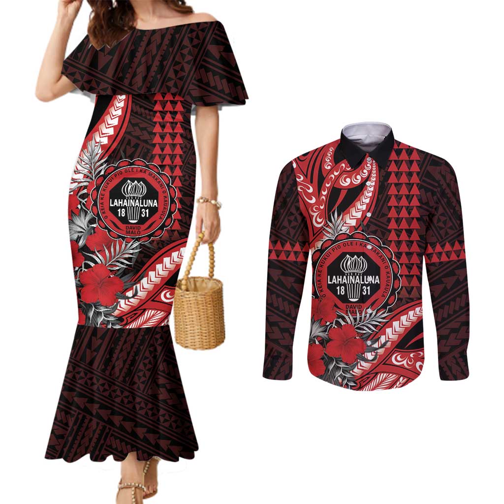 Personalized Hawaii Lahainaluna High School Couples Matching Mermaid Dress and Long Sleeve Button Shirt Tribal Tattoo With Hibiscus Flowers