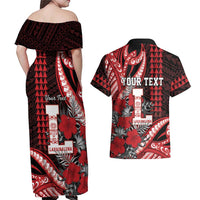 Personalized Hawaii Lahainaluna High School Couples Matching Off Shoulder Maxi Dress and Hawaiian Shirt Tribal Tattoo With Hibiscus Flowers