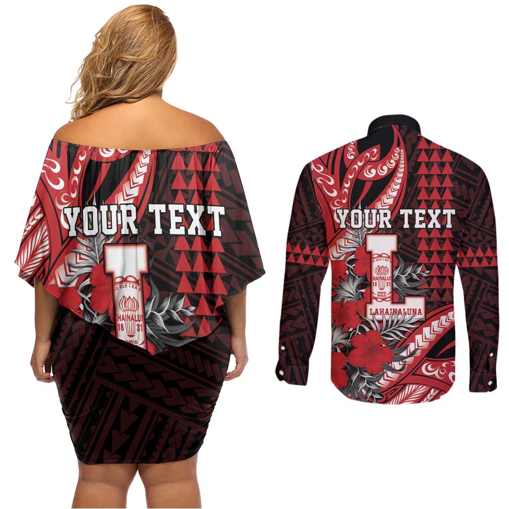 Personalized Hawaii Lahainaluna High School Couples Matching Off Shoulder Short Dress and Long Sleeve Button Shirt Tribal Tattoo With Hibiscus Flowers