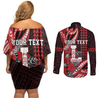 Personalized Hawaii Lahainaluna High School Couples Matching Off Shoulder Short Dress and Long Sleeve Button Shirt Tribal Tattoo With Hibiscus Flowers