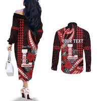 Personalized Hawaii Lahainaluna High School Couples Matching Off The Shoulder Long Sleeve Dress and Long Sleeve Button Shirt Tribal Tattoo With Hibiscus Flowers