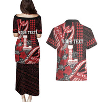 Personalized Hawaii Lahainaluna High School Couples Matching Puletasi and Hawaiian Shirt Tribal Tattoo With Hibiscus Flowers