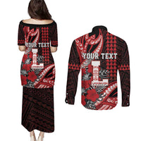 Personalized Hawaii Lahainaluna High School Couples Matching Puletasi and Long Sleeve Button Shirt Tribal Tattoo With Hibiscus Flowers