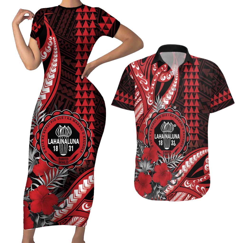 Personalized Hawaii Lahainaluna High School Couples Matching Short Sleeve Bodycon Dress and Hawaiian Shirt Tribal Tattoo With Hibiscus Flowers