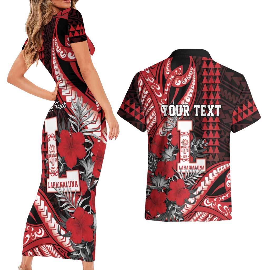Personalized Hawaii Lahainaluna High School Couples Matching Short Sleeve Bodycon Dress and Hawaiian Shirt Tribal Tattoo With Hibiscus Flowers