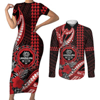 Personalized Hawaii Lahainaluna High School Couples Matching Short Sleeve Bodycon Dress and Long Sleeve Button Shirt Tribal Tattoo With Hibiscus Flowers