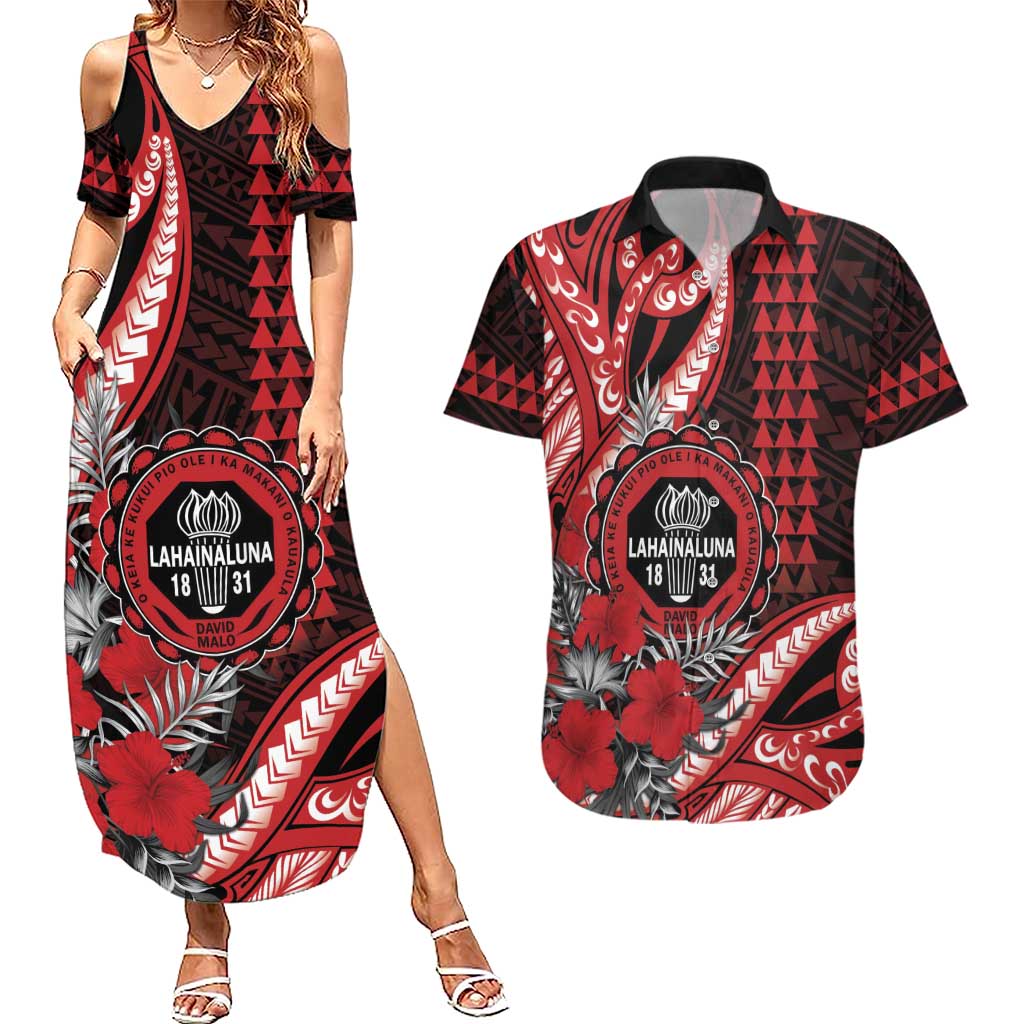Personalized Hawaii Lahainaluna High School Couples Matching Summer Maxi Dress and Hawaiian Shirt Tribal Tattoo With Hibiscus Flowers