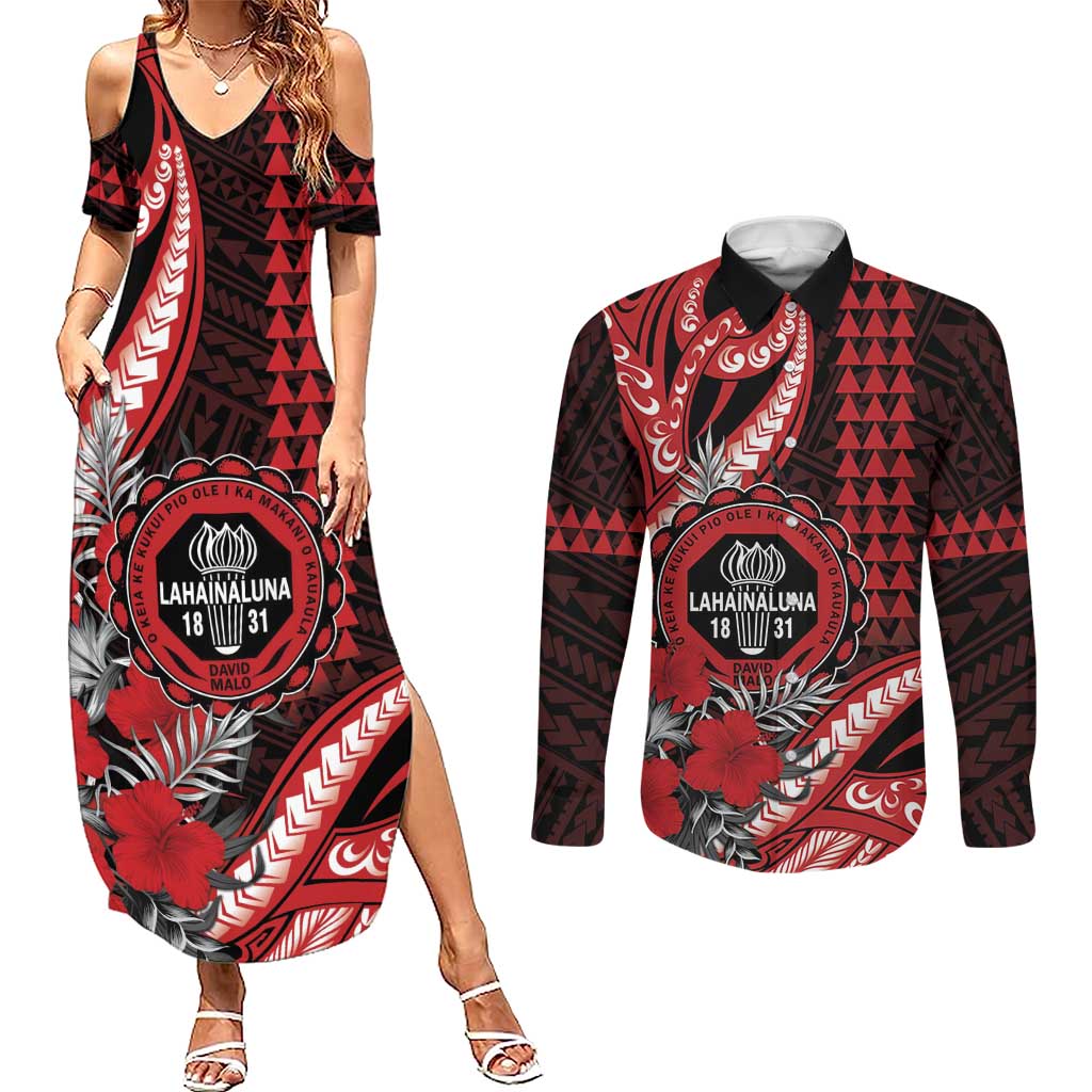 Personalized Hawaii Lahainaluna High School Couples Matching Summer Maxi Dress and Long Sleeve Button Shirt Tribal Tattoo With Hibiscus Flowers