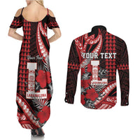 Personalized Hawaii Lahainaluna High School Couples Matching Summer Maxi Dress and Long Sleeve Button Shirt Tribal Tattoo With Hibiscus Flowers