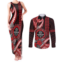 Personalized Hawaii Lahainaluna High School Couples Matching Tank Maxi Dress and Long Sleeve Button Shirt Tribal Tattoo With Hibiscus Flowers