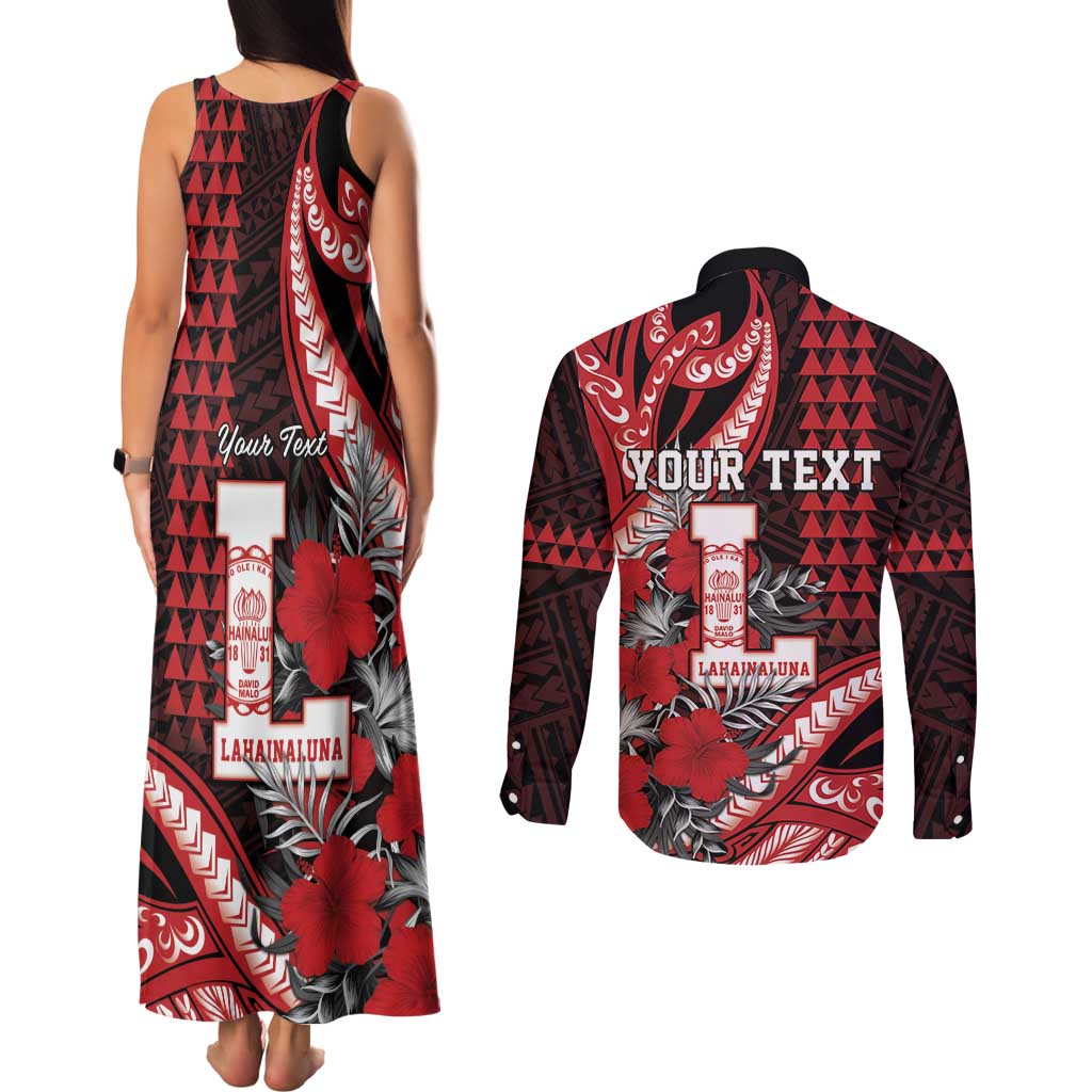 Personalized Hawaii Lahainaluna High School Couples Matching Tank Maxi Dress and Long Sleeve Button Shirt Tribal Tattoo With Hibiscus Flowers