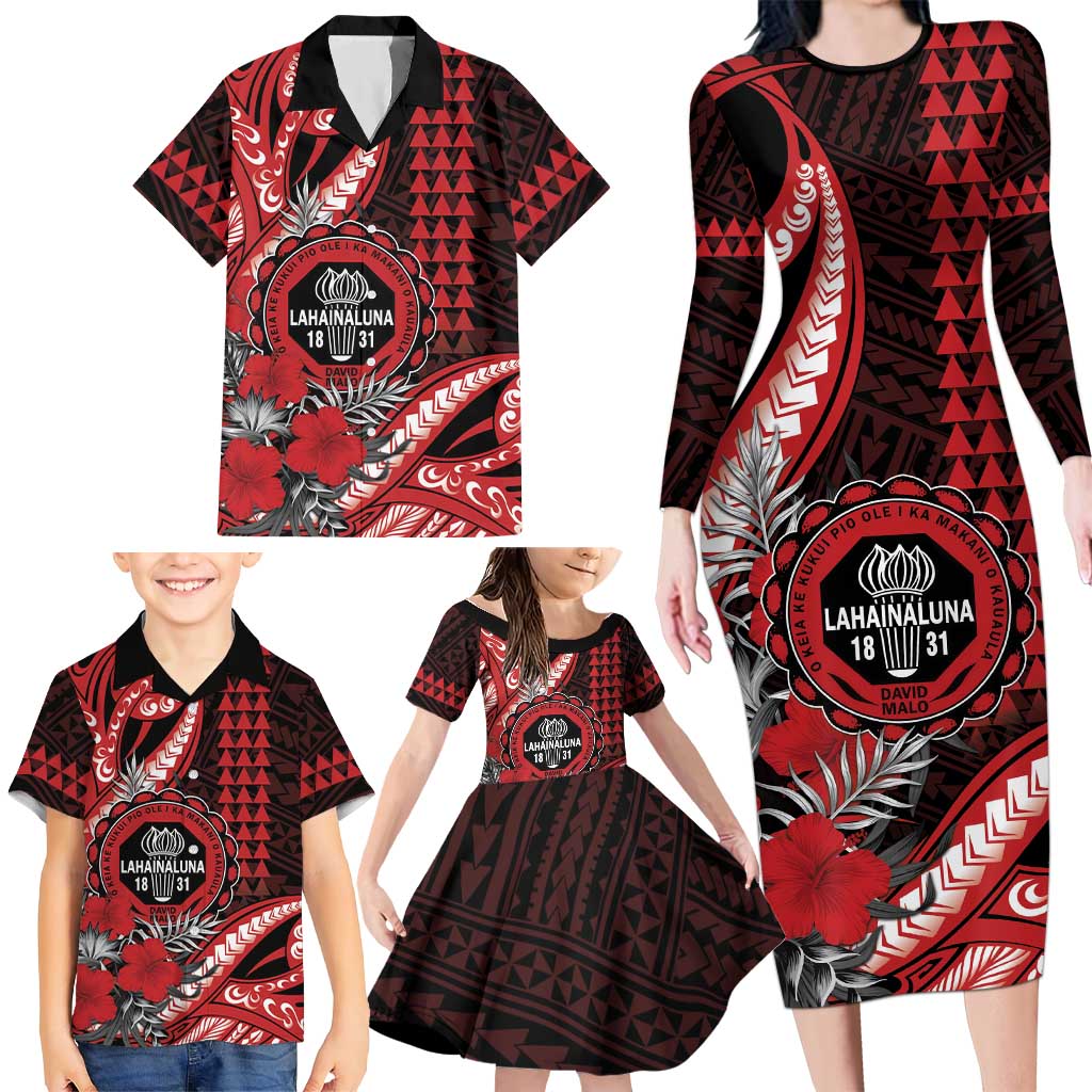 Personalized Hawaii Lahainaluna High School Family Matching Long Sleeve Bodycon Dress and Hawaiian Shirt Tribal Tattoo With Hibiscus Flowers