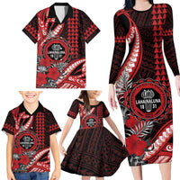 Personalized Hawaii Lahainaluna High School Family Matching Long Sleeve Bodycon Dress and Hawaiian Shirt Tribal Tattoo With Hibiscus Flowers