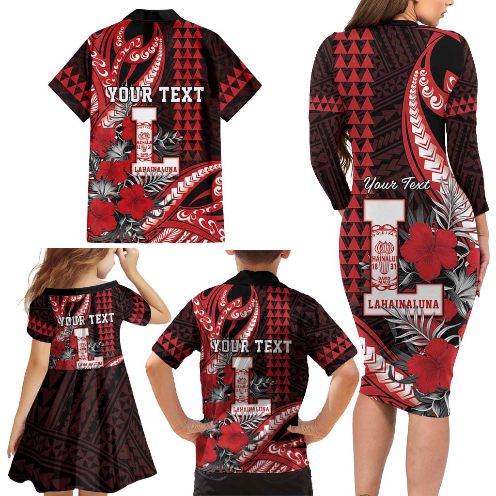 Personalized Hawaii Lahainaluna High School Family Matching Long Sleeve Bodycon Dress and Hawaiian Shirt Tribal Tattoo With Hibiscus Flowers