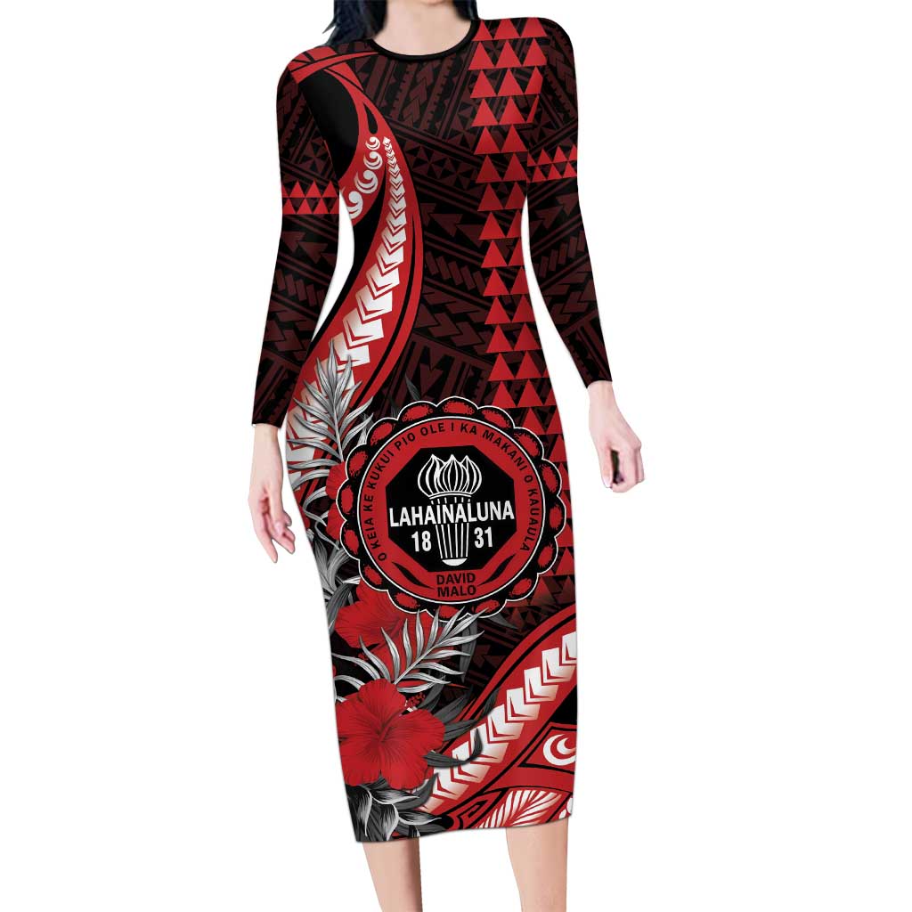 Personalized Hawaii Lahainaluna High School Family Matching Long Sleeve Bodycon Dress and Hawaiian Shirt Tribal Tattoo With Hibiscus Flowers