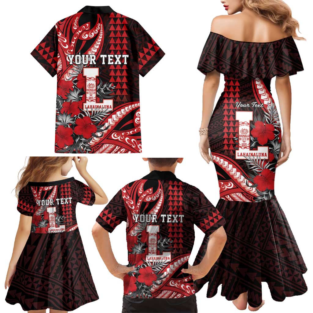Personalized Hawaii Lahainaluna High School Family Matching Mermaid Dress and Hawaiian Shirt Tribal Tattoo With Hibiscus Flowers