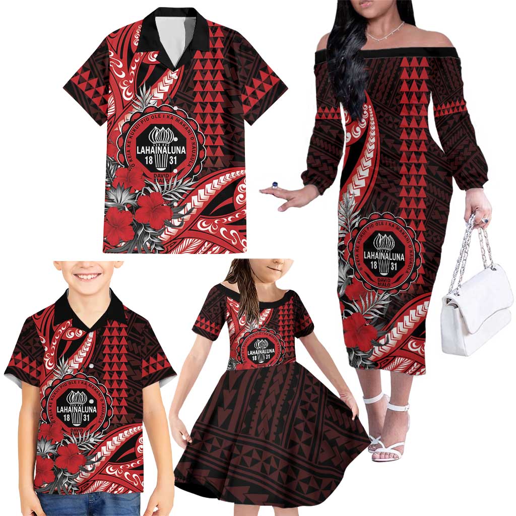 Personalized Hawaii Lahainaluna High School Family Matching Off The Shoulder Long Sleeve Dress and Hawaiian Shirt Tribal Tattoo With Hibiscus Flowers