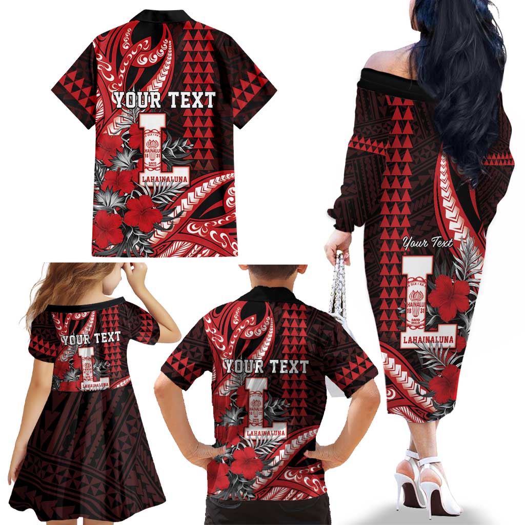 Personalized Hawaii Lahainaluna High School Family Matching Off The Shoulder Long Sleeve Dress and Hawaiian Shirt Tribal Tattoo With Hibiscus Flowers