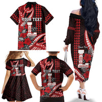 Personalized Hawaii Lahainaluna High School Family Matching Off The Shoulder Long Sleeve Dress and Hawaiian Shirt Tribal Tattoo With Hibiscus Flowers