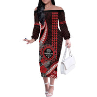 Personalized Hawaii Lahainaluna High School Family Matching Off The Shoulder Long Sleeve Dress and Hawaiian Shirt Tribal Tattoo With Hibiscus Flowers