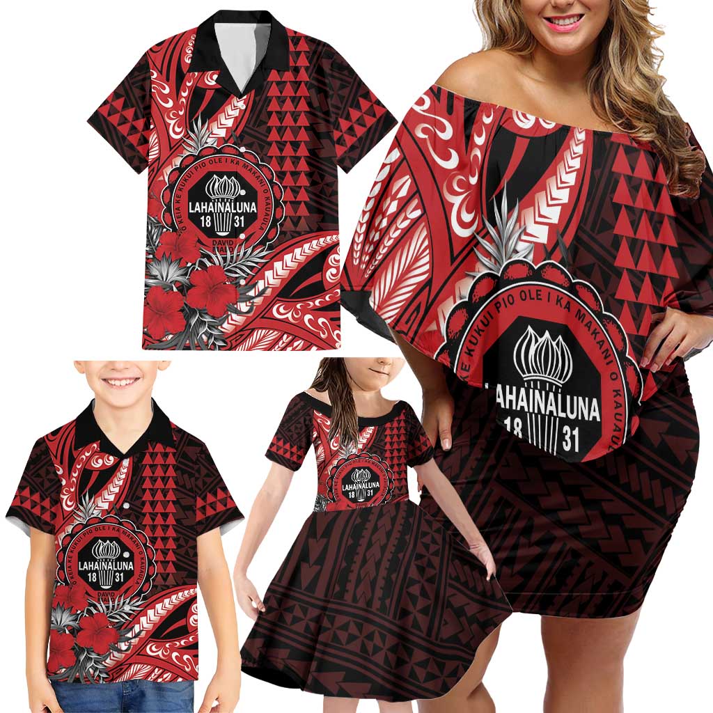 Personalized Hawaii Lahainaluna High School Family Matching Off Shoulder Short Dress and Hawaiian Shirt Tribal Tattoo With Hibiscus Flowers