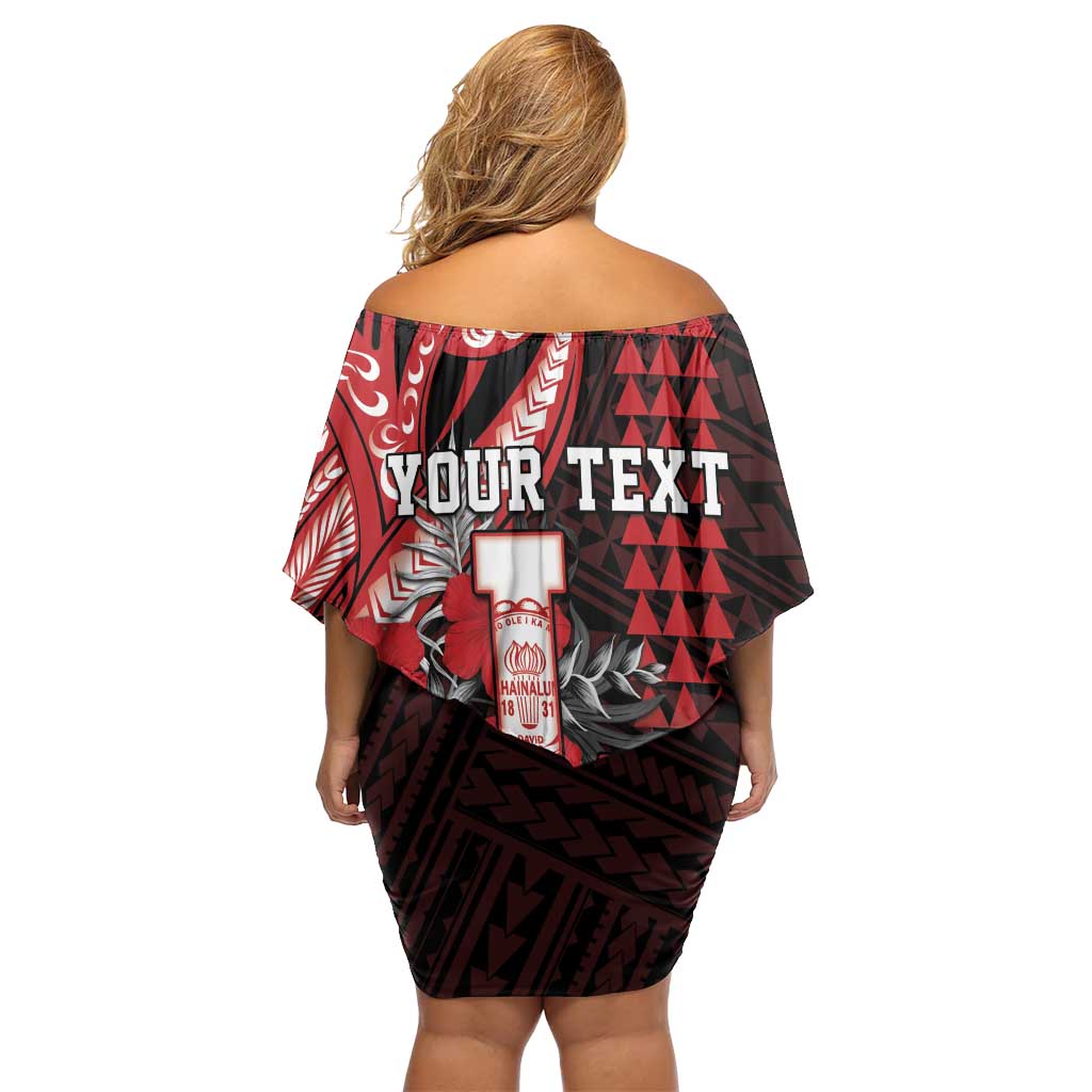 Personalized Hawaii Lahainaluna High School Family Matching Off Shoulder Short Dress and Hawaiian Shirt Tribal Tattoo With Hibiscus Flowers
