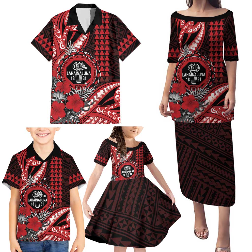 Personalized Hawaii Lahainaluna High School Family Matching Puletasi and Hawaiian Shirt Tribal Tattoo With Hibiscus Flowers