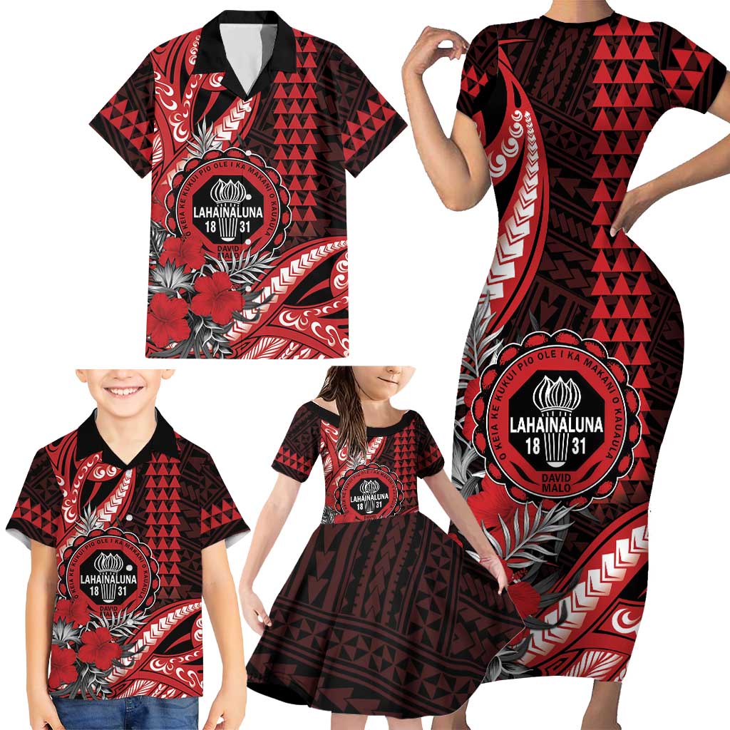 Personalized Hawaii Lahainaluna High School Family Matching Short Sleeve Bodycon Dress and Hawaiian Shirt Tribal Tattoo With Hibiscus Flowers