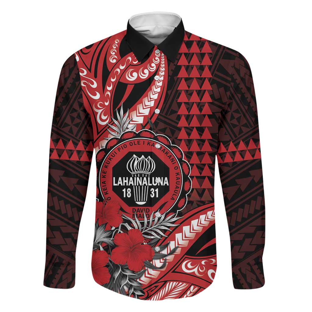 Personalized Hawaii Lahainaluna High School Family Matching Summer Maxi Dress and Hawaiian Shirt Tribal Tattoo With Hibiscus Flowers LT05 Dad's Shirt - Long Sleeve Red - Polynesian Pride