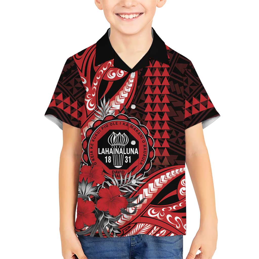 Personalized Hawaii Lahainaluna High School Family Matching Summer Maxi Dress and Hawaiian Shirt Tribal Tattoo With Hibiscus Flowers LT05 Son's Shirt Red - Polynesian Pride