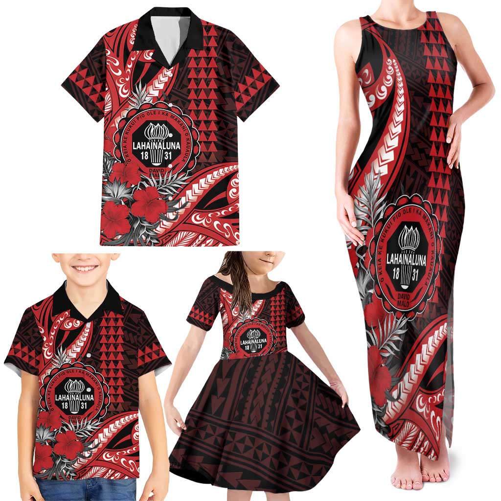 Personalized Hawaii Lahainaluna High School Family Matching Tank Maxi Dress and Hawaiian Shirt Tribal Tattoo With Hibiscus Flowers