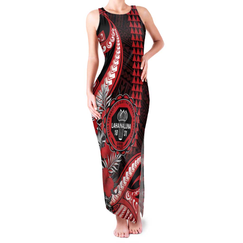 Personalized Hawaii Lahainaluna High School Family Matching Tank Maxi Dress and Hawaiian Shirt Tribal Tattoo With Hibiscus Flowers