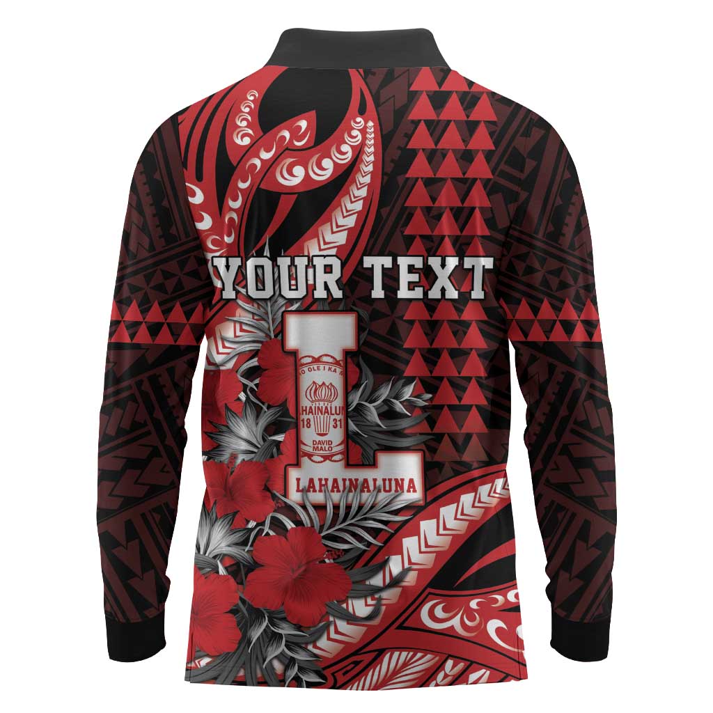 Personalized Hawaii Lahainaluna High School Long Sleeve Polo Shirt Tribal Tattoo With Hibiscus Flowers