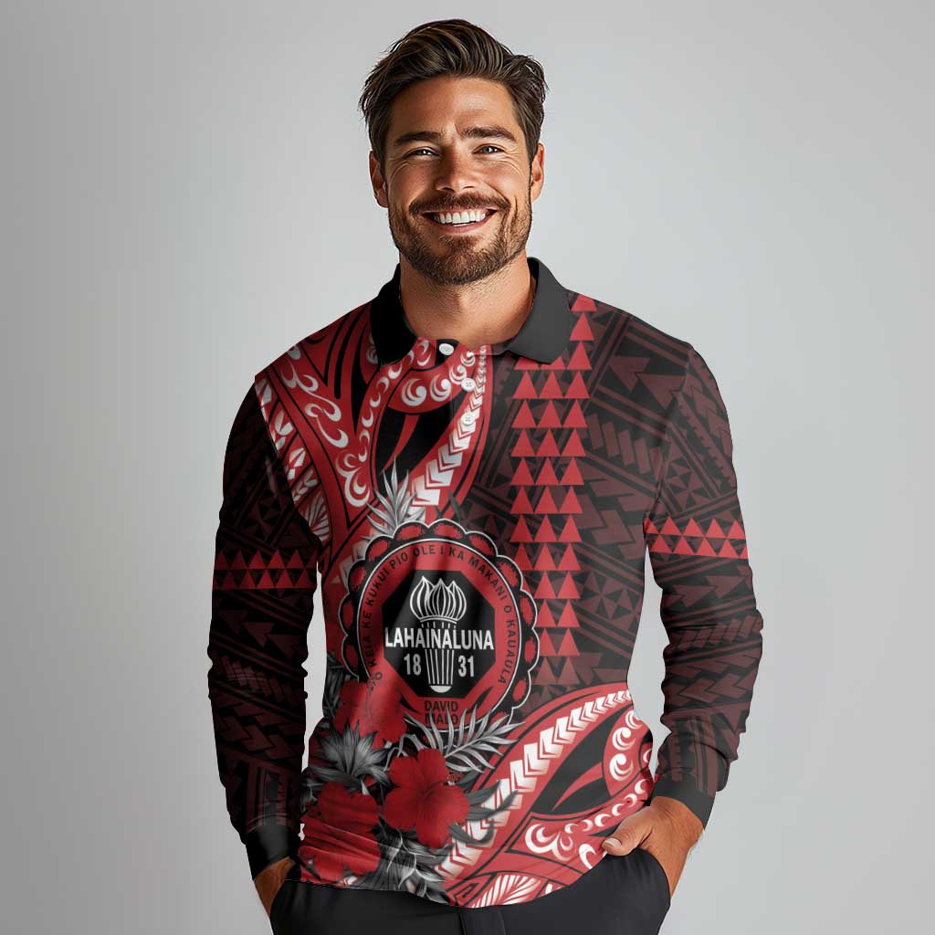 Personalized Hawaii Lahainaluna High School Long Sleeve Polo Shirt Tribal Tattoo With Hibiscus Flowers