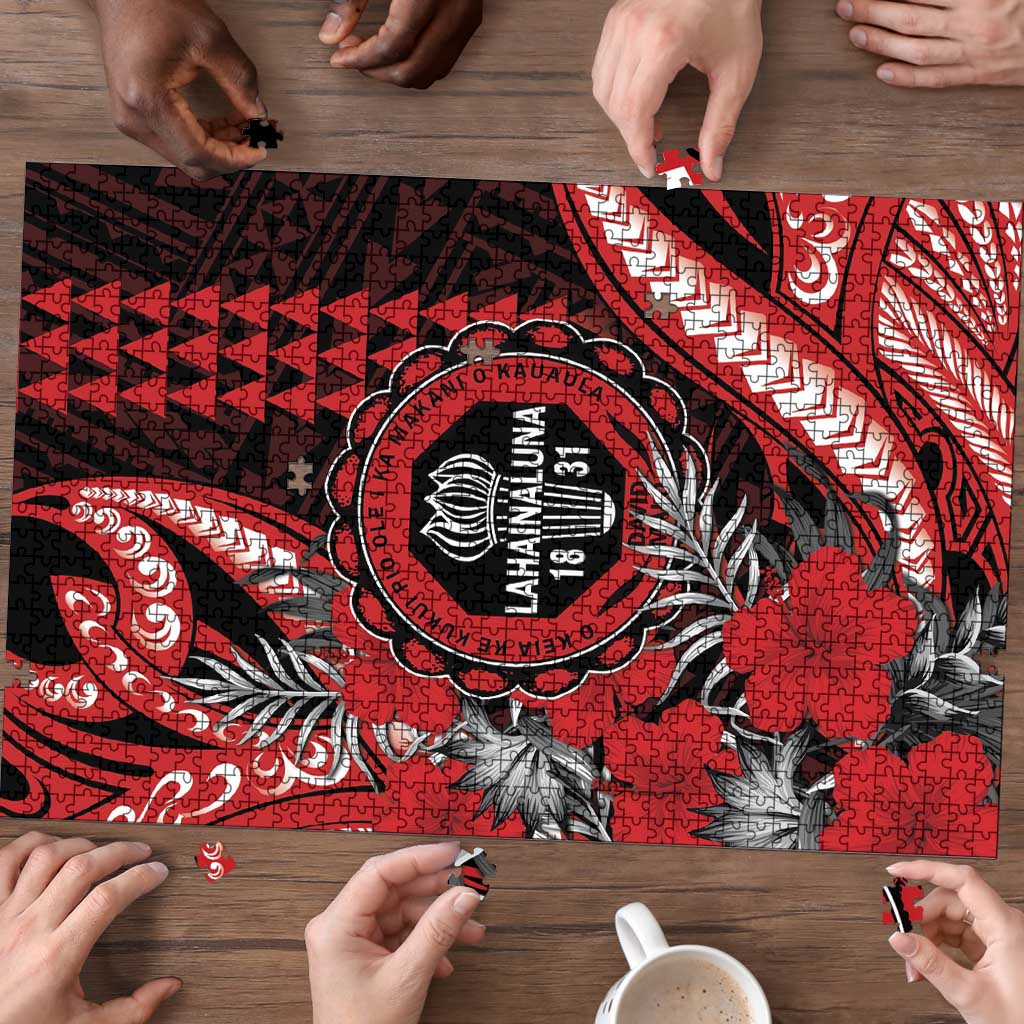Hawaii Lahainaluna High School Puzzle Tribal Tattoo With Hibiscus Flowers