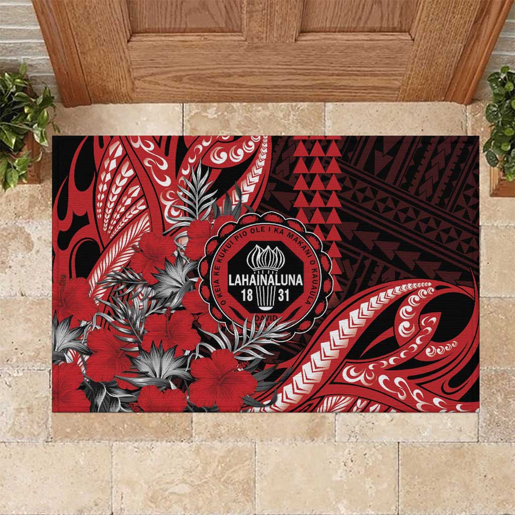 Hawaii Lahainaluna High School Rubber Doormat Tribal Tattoo With Hibiscus Flowers