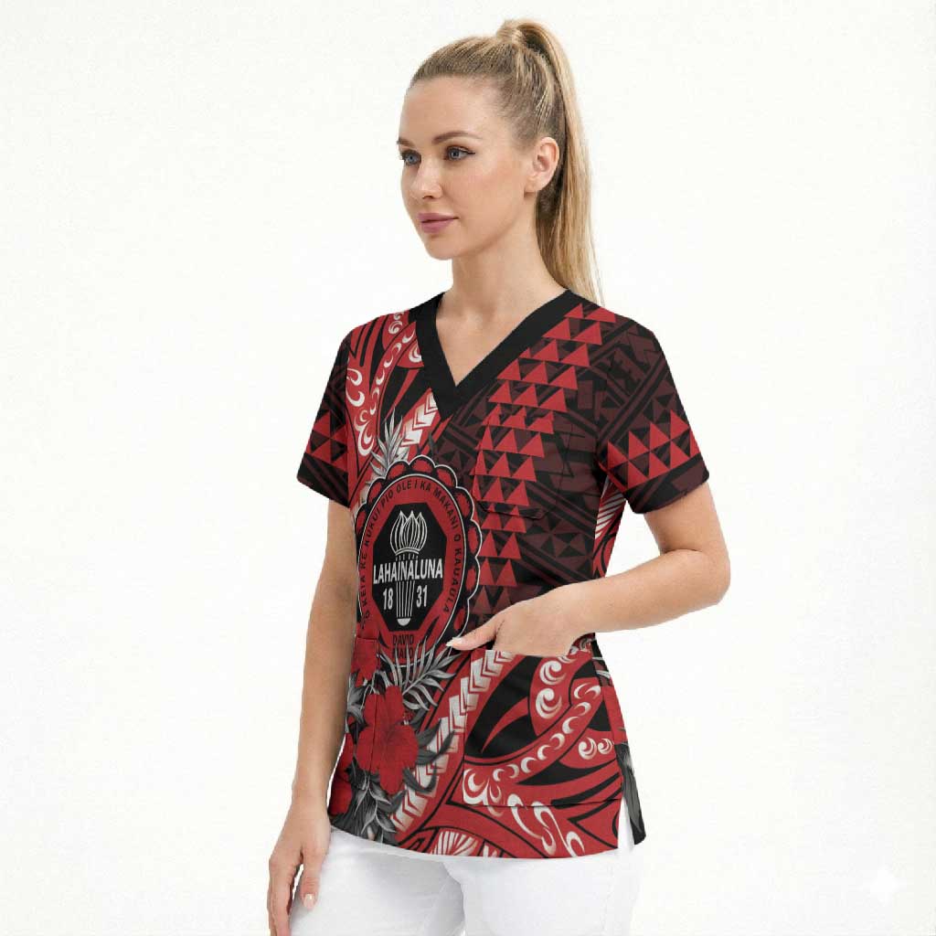 Personalized Hawaii Lahainaluna High School Scrub Top Tribal Tattoo With Hibiscus Flowers