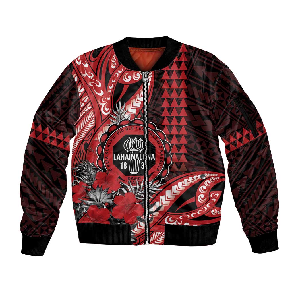 Personalized Hawaii Lahainaluna High School Sleeve Zip Bomber Jacket Tribal Tattoo With Hibiscus Flowers