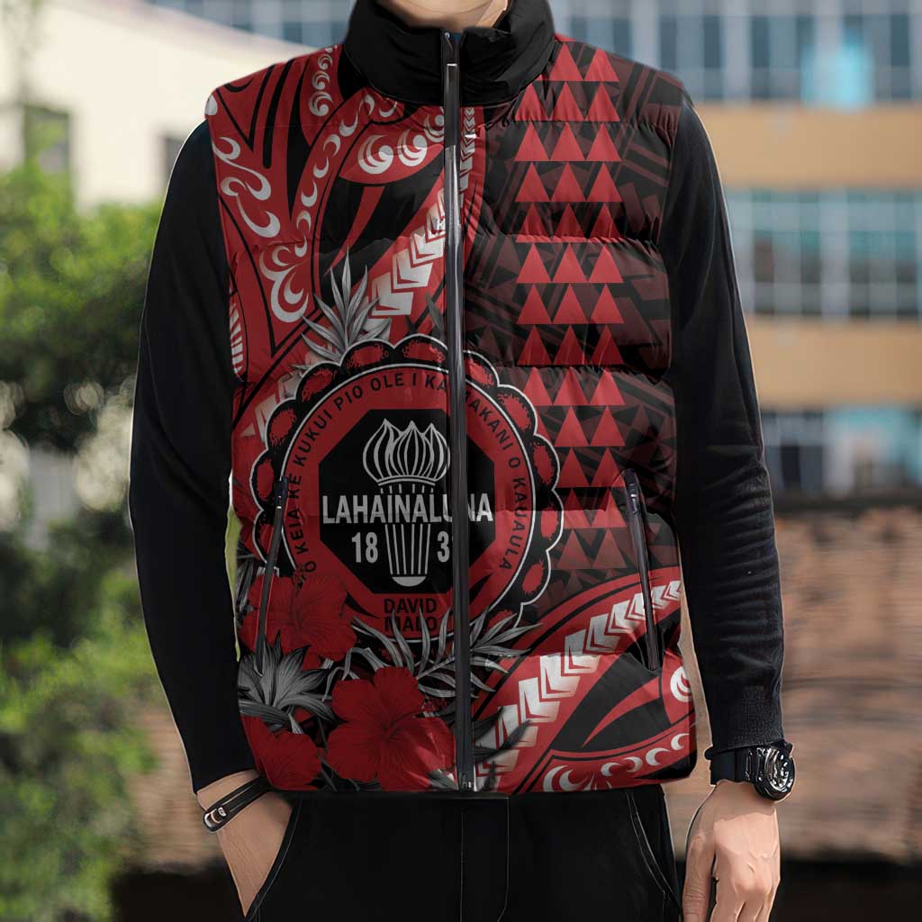 Personalized Hawaii Lahainaluna High School Sleeveless Puffer Jacket Tribal Tattoo With Hibiscus Flowers