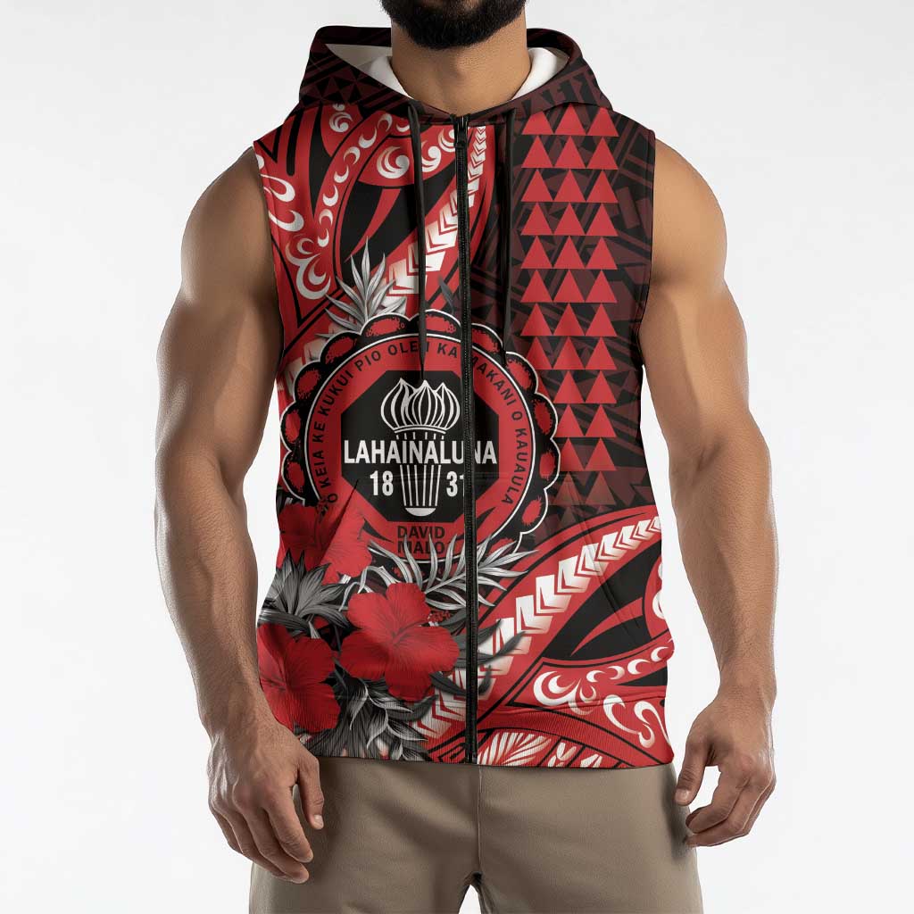 Personalized Hawaii Lahainaluna High School Sleeveless Zip Hoodie Tribal Tattoo With Hibiscus Flowers
