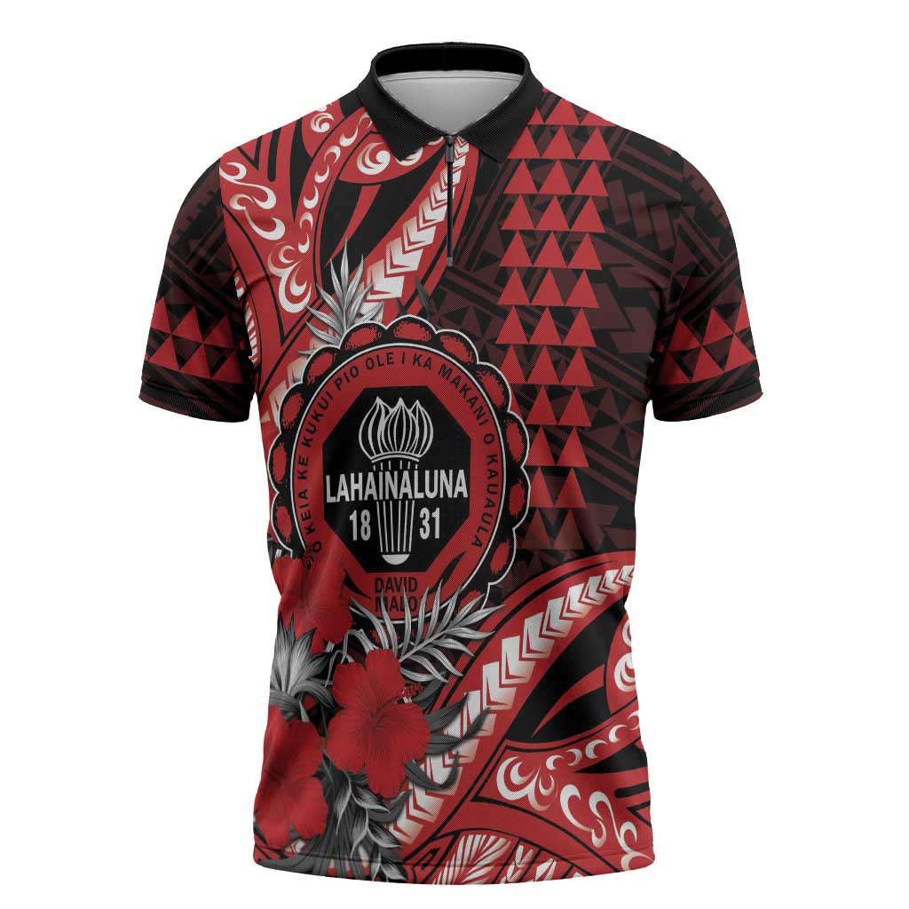Personalized Hawaii Lahainaluna High School Zipper Polo Shirt Tribal Tattoo With Hibiscus Flowers