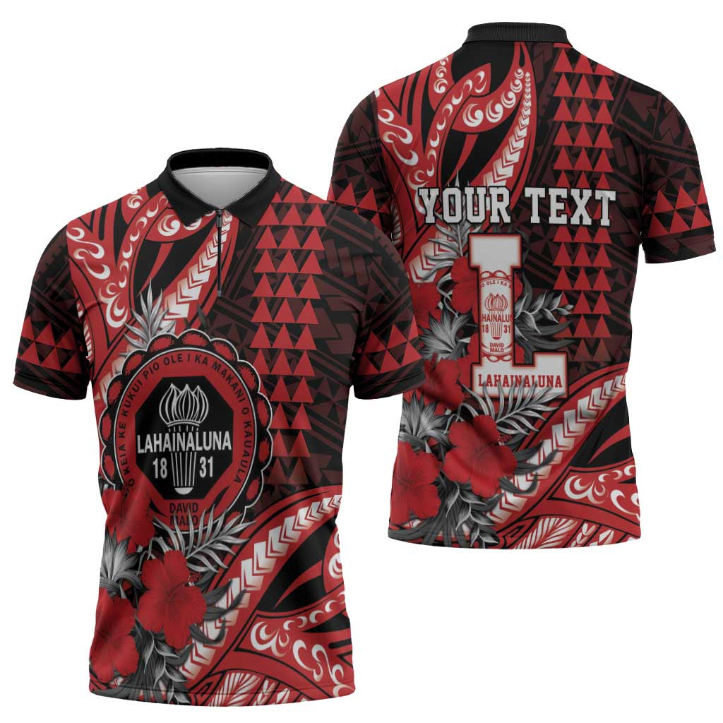 Personalized Hawaii Lahainaluna High School Zipper Polo Shirt Tribal Tattoo With Hibiscus Flowers