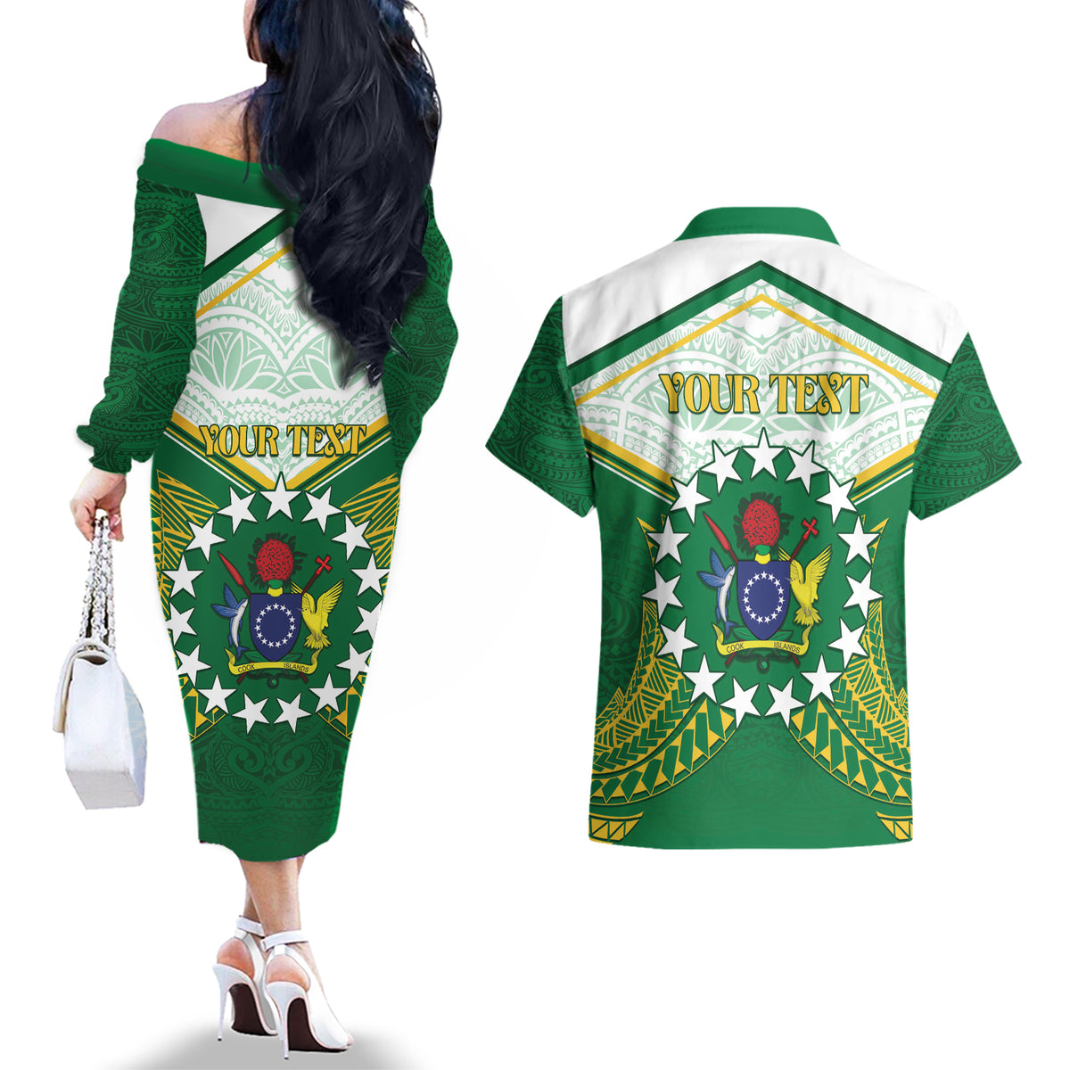 Personalised Cook Islands Ra o te Ui Ariki Couples Matching Off The Shoulder Long Sleeve Dress and Hawaiian Shirt Polynesian Pattern