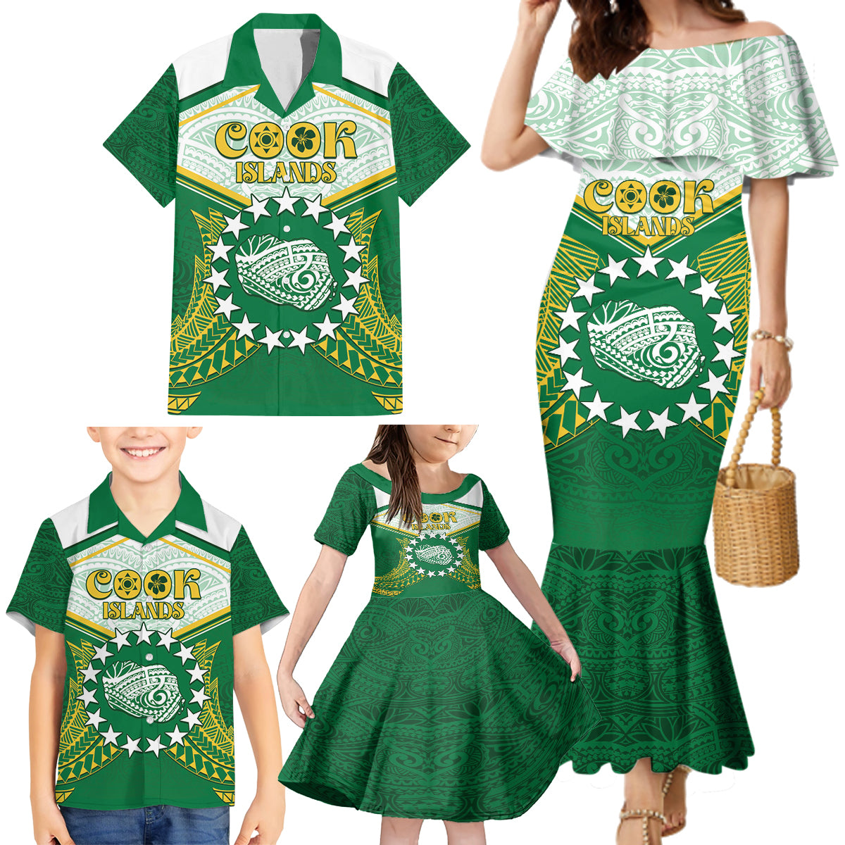 Personalised Cook Islands Ra o te Ui Ariki Family Matching Mermaid Dress and Hawaiian Shirt Polynesian Pattern
