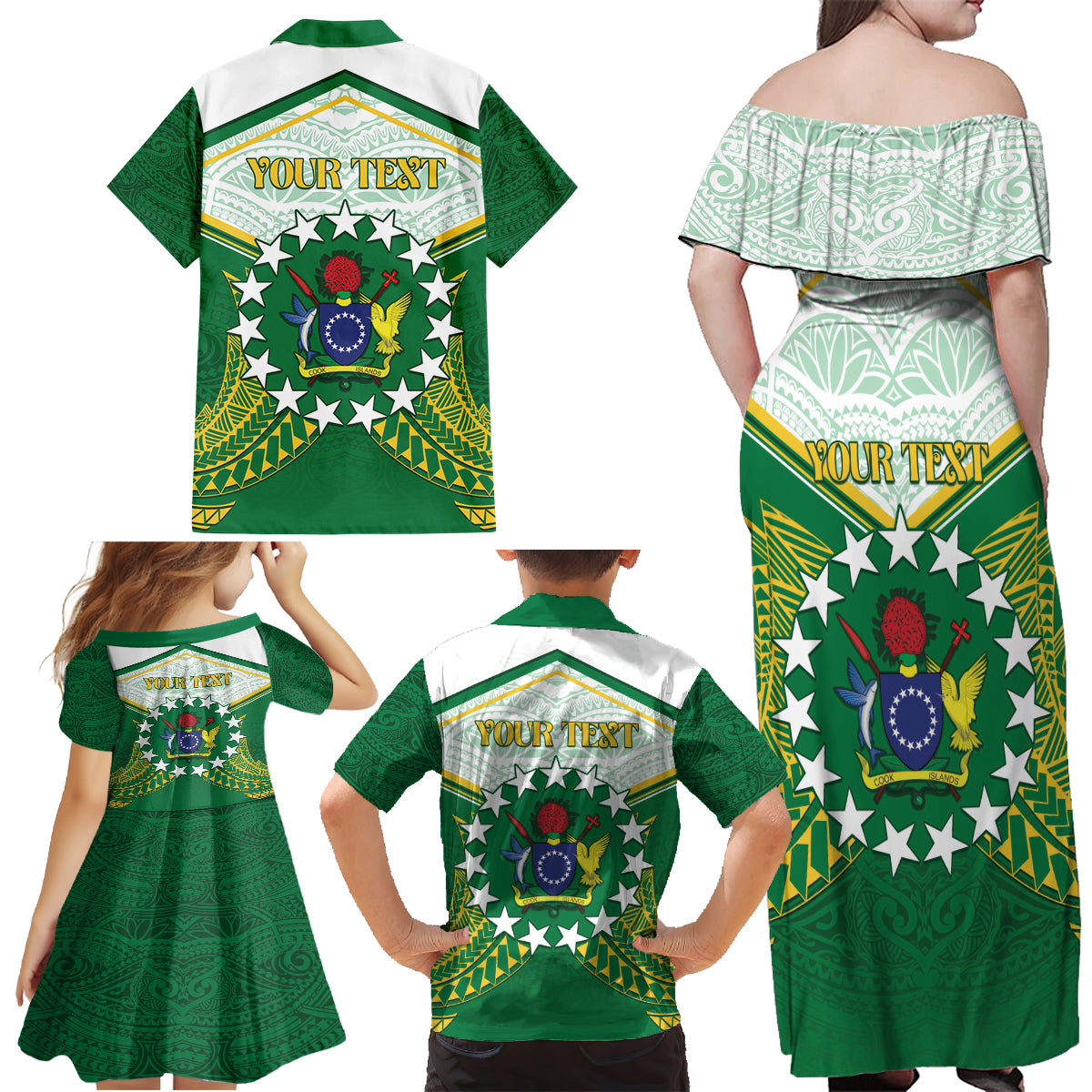 Personalised Cook Islands Ra o te Ui Ariki Family Matching Off Shoulder Maxi Dress and Hawaiian Shirt Polynesian Pattern