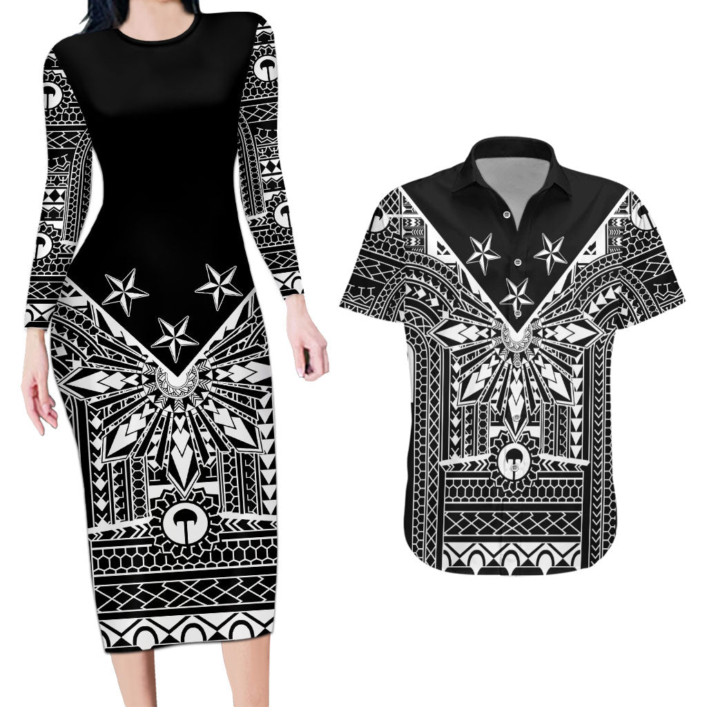 Black Philippines Sun Star Couples Matching Long Sleeve Bodycon Dress and Hawaiian Shirt Igorot Tribal Inspiration