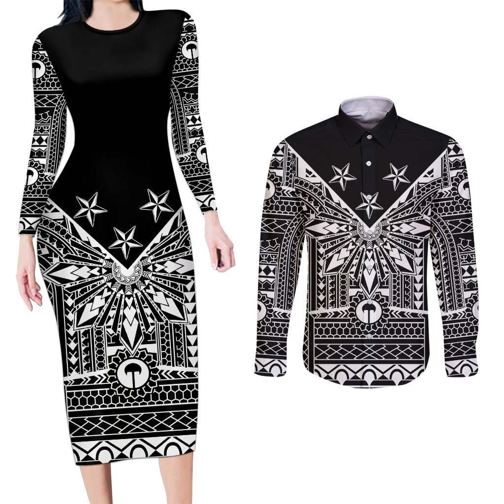 Black Philippines Sun Star Couples Matching Long Sleeve Bodycon Dress and Long Sleeve Button Shirt Igorot Tribal Inspiration